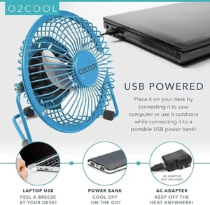 O2COOL 4" USB Personal Desk Fan Portable Mini Table Cooling Fan Blue NEW - Picture 1 of 2