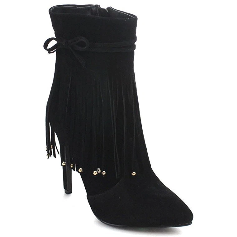 Nuevas botas al tobillo altas con flecos tachonados punta puntiaguda para mujer tacón de aguja tacón alto Foto 1 de 1