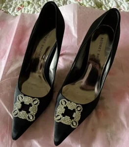 Audrey Brooke Black Satin Heels Rhinestone Detailing Size 8 - Picture 1 of 9