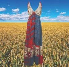Womens Strap Sundress, Blue Red Recycled Silk Dress, Spaghetti Strap, Hippy S/M