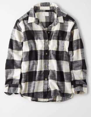 NWT American Eagle Ahh-mazingly Soft Boyfriend Flannel Black White Plaid Large - Image 1 of 2