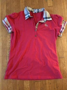 BURBERRY Girls Red Nova Check Collar Polo Shirt Blouse Kids Sz Medium - Picture 1 of 7