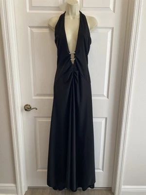 Vintage 90s Cache Maxi Dress Gown Black Low Plunge Neckline Rhinestone Sexy Sz 8 - Image 1 of 4