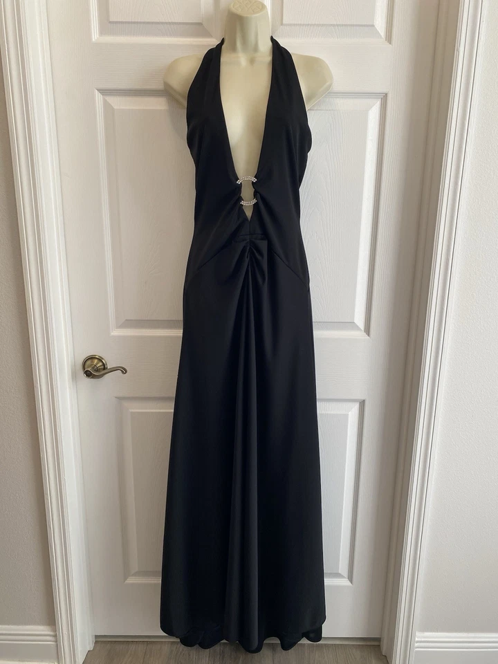 Vintage 90s Cache Maxi Dress Gown Black Low Plunge Neckline Rhinestone Sexy Sz 8 - Image 1 of 4