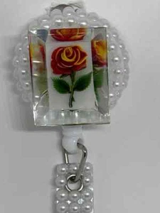 Carrete insignia identificación joyería Bling vidrio rojo rosa flor hecho a mano - Imagen 1 de 5