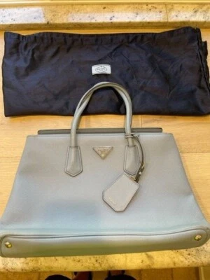 Authentic PRADA Saffiano Lux Leather Medium Double Zip Tote Bag Light Blue - Image 1 of 4