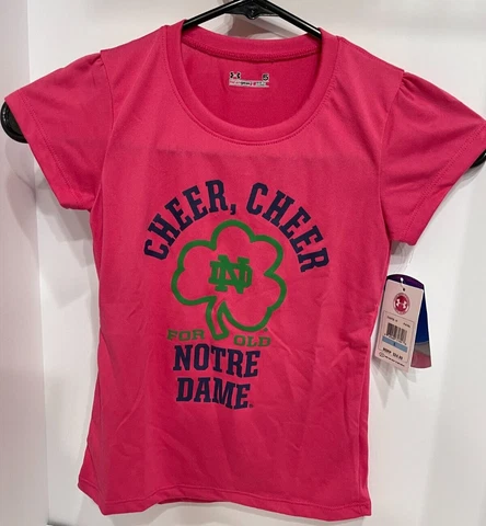 NEW Under Armour Notre Dame Short Sleeve T-Shirt Pink Cheer Cheer Youth Size 5 Cover