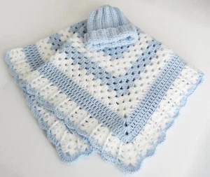 BABY BLANKET New Crocheted Soft Cuddly Blue and White w/ Hat 35”x35” Gift Crib - Picture 1 of 8