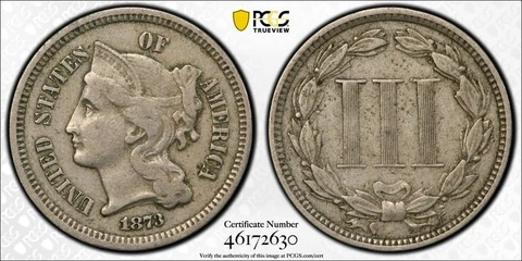 1873 PCGS VF25 | OPEN 3 - Three Cent Nickel - 3c US Coin #40867A Cover