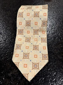 CM Gold Series 100% Silk Necktie Men’s Gold w/Brown Orange Blue Geometric Design - Picture 1 of 5