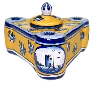 Aladdin Frankreich Tintenfass mit Frosch Pinselhalter 3 Stück Keramik gelb blau - Bild 1 von 8