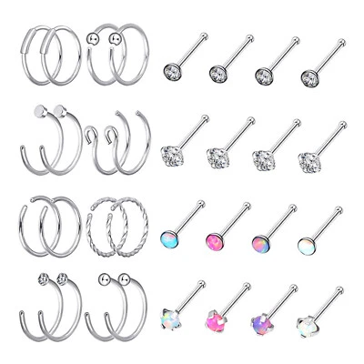 16/32 piezas Anillo de nariz Perno Acero inoxidable Circonita cúbica Ópalo Aro de nariz Perno de hueso recto 20 g Foto 1 de 3