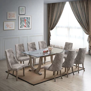 Kings Brand Furniture - Elmer 9 Piece Glass Dining Set, Table & 8 Chairs, Gray - Picture 1 of 5