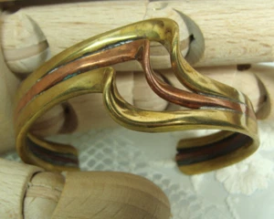 VTG Artisan MIxed Metal Brass Copper Modernist Layered Wave Heavy Cuff Bracelet - Picture 1 of 17
