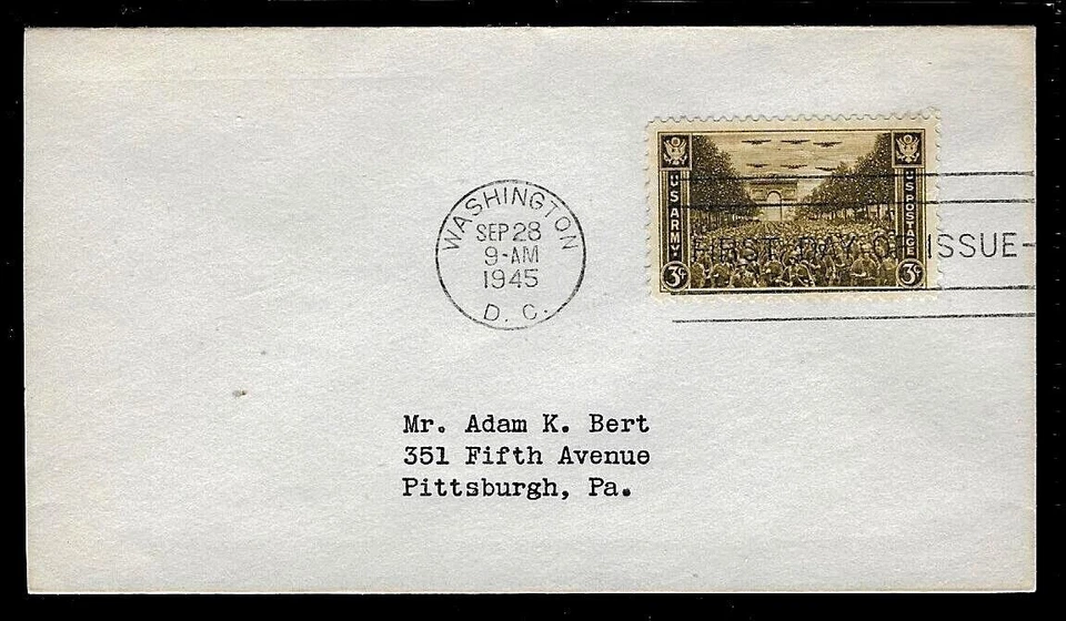 934 3c Stamp (1945) U. S. ARMY AT REMAGEN BRIDGE FDC BY ADAM K. BERT - SCARCE !! - Image 1 of 1