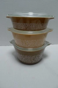 Pyrex Woodland Brown Caseroles 471 472 & 473 w/ Glass Lids 470 C - Picture 1 of 20