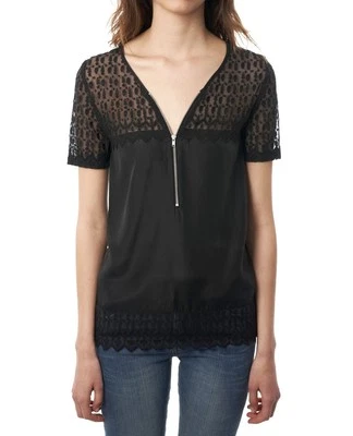 THE KOOPLES TOP NOIR DENTELLE BLOUSE ZIPPEE EN SOIE T S 36 ROCK SILK SKULL NEUF! - Photo 1/4