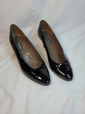 Винтажные никелевые карьерные черные лакированные туфли-лодочки 8 B средняя высота кожа узкие - Изображение 1 из 4