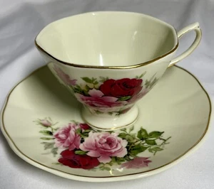 Formalities by Baum Brothers Pink and Burgundy Roses Pedestal Tea Cup and Saucer - Picture 1 of 11