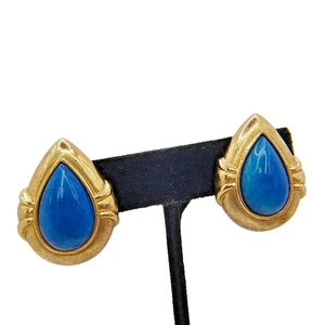 Vintage MCM Lapislazuli Ohrringe Clip On Träne goldfarben Statement Retro - Bild 1 von 22