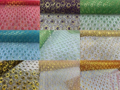 44" MESH LACE GOLD FLORAL EMBROIDERED FABRIC CRAFT DECOR TABLECLOTH WEDDING BTY - Image 1 of 4