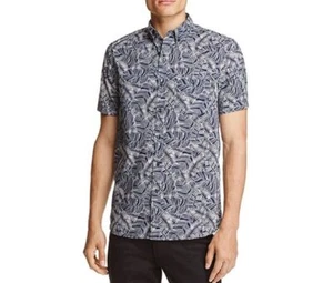 NUEVO $128 MICHAEL BASTIAN AZUL MARINO ESTAMPADO HOJA DE PLÁTANO ENVÍO ENVÍO S/S CAMISA CON BOTONES DE VACACIONES - Imagen 1 de 3