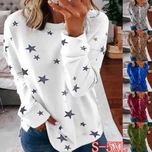 UK Womens Long Sleeve Tops Blouse Ladies Print Loose Tee Shirts Tops Plus Size - Picture 1 of 15