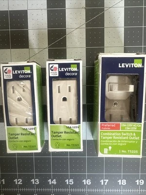 NOS 3-Pk Leviton Tamper Resist 15A-125V Outlets  (2) #T5325  (1) #T5225 w/Switch - Image 1 of 4