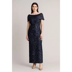 NWT JS Collections "Reese" Navy Column Gown with Sheer Illusion Neckline  Size 8 - Picture 1 of 9