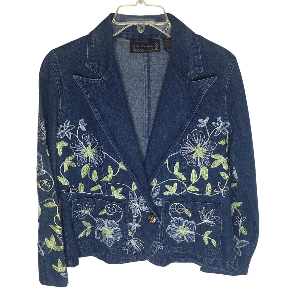 Blazer New Direction Denim Mujer Pequeño Azul Floral Bordado Chaqueta Boho Foto 1 de 4