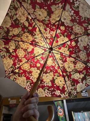 Vintage Ralph Lauren Floral Full Size Rain Umbrella Parasol Wood Handle - Image 1 of 4