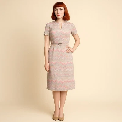 Vestido Vaina Psicodélico Vintage Años 60 70 GTS Ltd Rosa Mod Cerradura Cinturón Talla 8 Foto 1 de 4