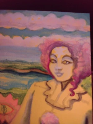ACEO Original  Painting ooak miniature beautiful lady magic flower pink hair - Image 1 of 4