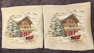 Lot Of 2 Hines Tapestry Pillow Cases, Winter Scene-  Cottage, Sled, Snow - Picture 1 of 20