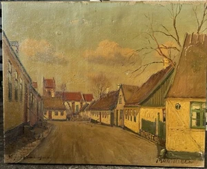 Old Oil Painting: Idyllic houses In Small Town Street by Theodor Ulrichsen 1940s - Picture 1 of 7