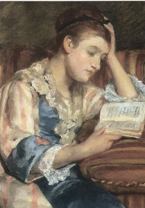 Postkarte: Mary Cassatt - Mrs. Duffee seated on a striped sofa, reading - Picture 1 of 1