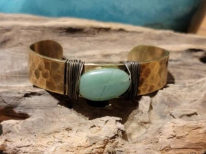 Womens Boho Green Aventurine Stone Brass Cuff Bracelet - Picture 1 of 2