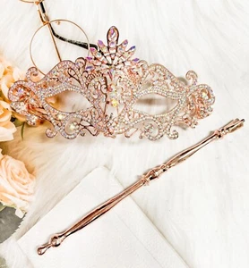 Masquerade Mask with Stick, Luxury Crystal Mask, Rhinestone Rose Gold Mask - Picture 1 of 8