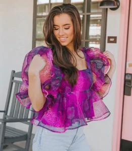 Buddy Love Pammie Top Blouse Small Purple Organza Smocked Puff Sleeve $98.00 NEW - Picture 1 of 15