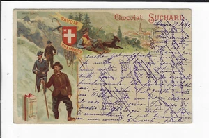 1901 Italian Advertising Postcard Suchard Chocolates Man Descending Mont Blanc - Picture 1 of 2