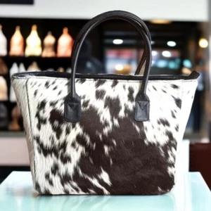 Handmade Cowhide Leather Tote Bag – Large Black & White Hair-On Hide Shoulder ba - Picture 1 of 7