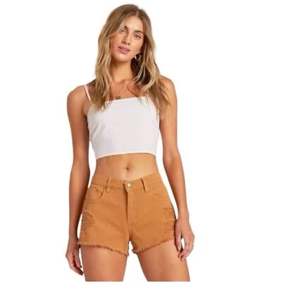 Billabong Women's Drift Away Fray Denim Brown Shorts Raw Hem 2.5” Size 26 NWT Foto 1 de 4
