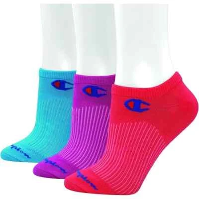 3 pares de meias femininas Champion tamanho 5-9 No Show, rosa, azul, roxo, L27 - Imagem 1 de 4