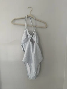 Victoria Secret One Piece Swim L Light Blue White Checkered Gingham Strappy - Picture 1 of 5