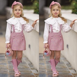 Girls Solid Long Sleeve Tops + Strappy Skirt Dress Set Kids Baby 2Pcs Outfits - Picture 1 of 10