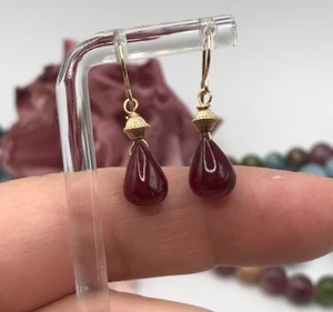 14k Gold Ruby Earrings Dangle Natural Briolette 10mm - Picture 1 of 11