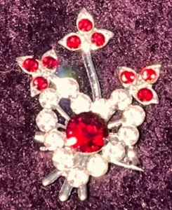 Brosche Anstecknadel rot-weiß Strass Herz Blätter silberfarben Vintage VALENTIN - Bild 1 von 3