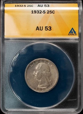 1932-S Washington Quarter 25c Key Date Rare ANACS AU 53 - Image 1 of 2