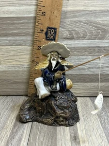 Shiwan Mudman Fisherman Fishing Pole Figurine Clay Ceramic Glazed Statue 4 “ - Picture 1 of 7