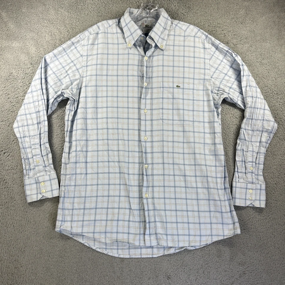 Camisa masculina Lacoste 42 azul branca xadrez Glen bolso de crocodilo manga longa botão - Imagem 1 de 4